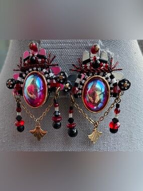 Vintage Signed Liztech Chandelier Art Glass Statement Earrings